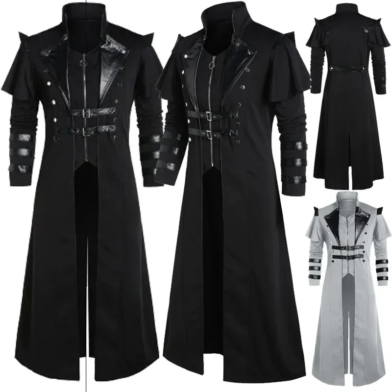 Leather Work Jacket - ヴィンテージハロウィン中世スチームパンクエルフ海賊コスチューム大人男性用ロングスプリットジャケットゴシックアーマーレザーコート