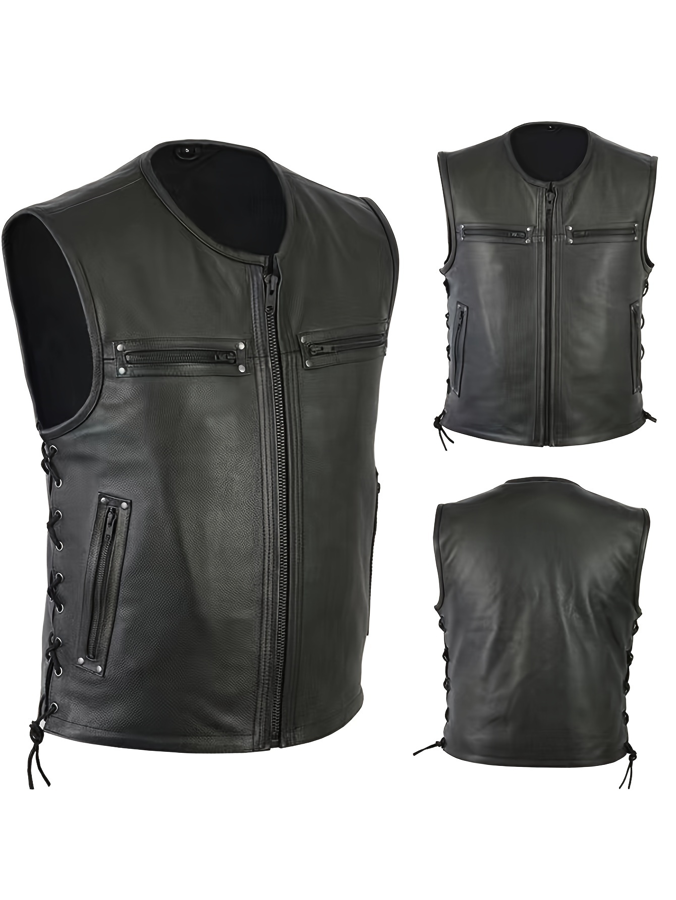 Leather Work Vest For Men - 男性ソリッドカラーベストオートバイフリートパンクレザーベストコートノースリーブ O ネックジッパースリムジャケット秋のワークコート男性着用