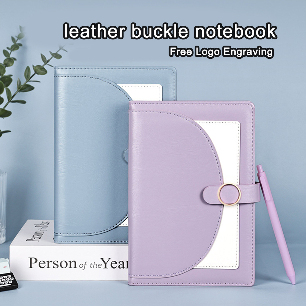 Leatherwork Logo - (無料ロゴ刻印) バックル付きレザーノート、学生用A5ポータブルダイアリー、厚手の仕事用ノート、ビジネス会議議事録
