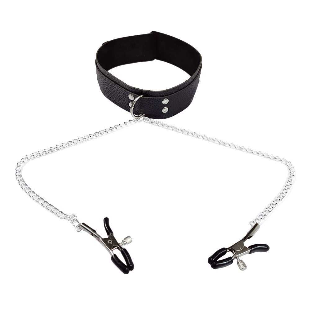 Leatherwork Clamp - パンクレザーネックチョーカーカラー（女性用）、チェーン付きニップルクランプ、乳房クリップ、BDSM、SM、ボンデージアクセサリー、大人向けエロティックプレイ用