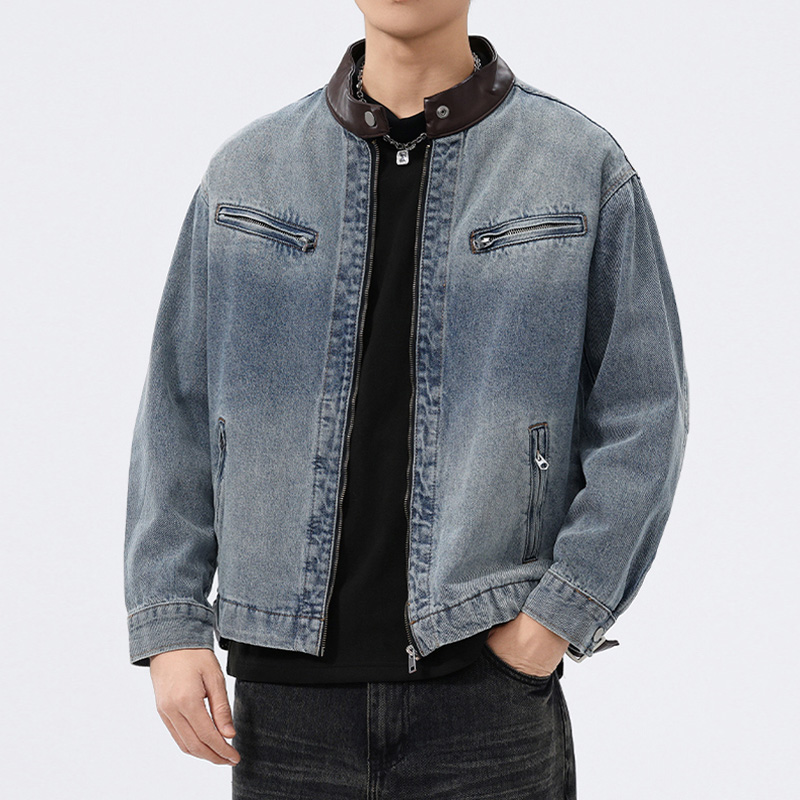 Leather Work Jacket - スタンドレザーカラーデニムジャケット男性ファッションヴィンテージルーズカジュアルウォッシュコットンジーンズオートバイジャケット男性春秋コート