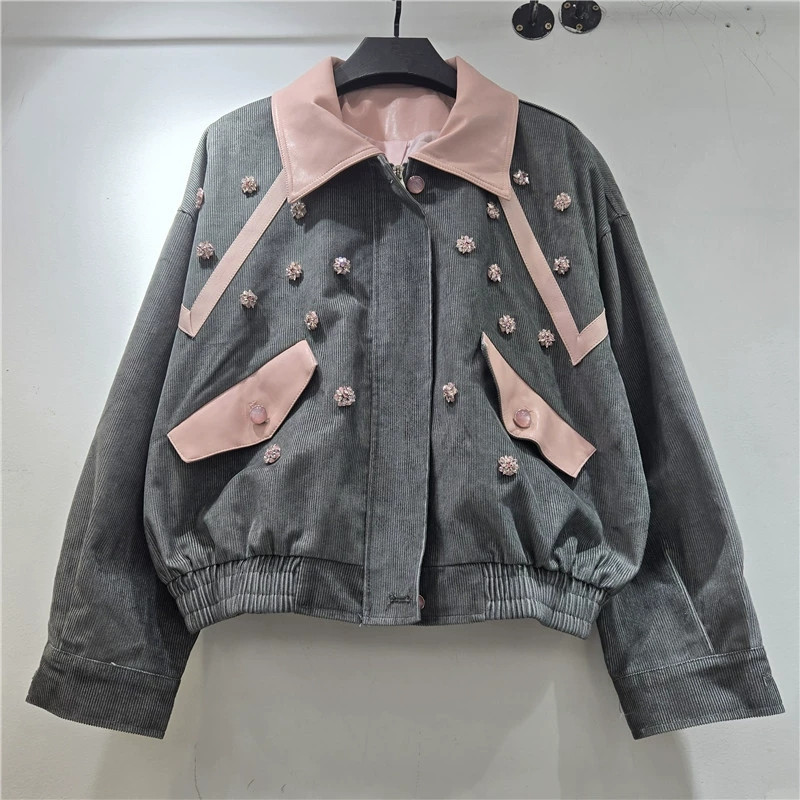 Leatherwork Flowers - ヘビーワークビーズフラワーコーデュロイジャケットグレーグリーンコーヒーカラーフェイクPUレザーラペルパッチワークロングスリーブ女性用ショートコート
