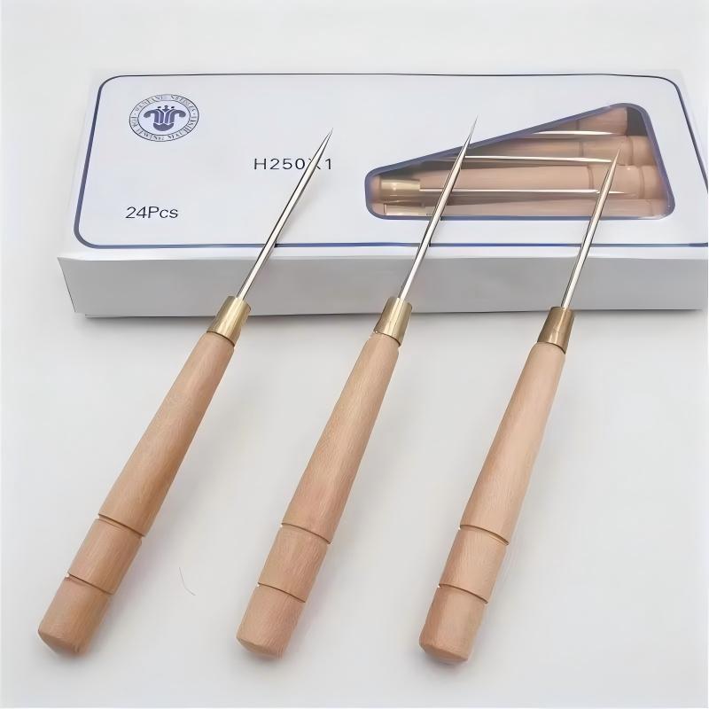 Leatherwork Awl - 3個入り 木製ハンドル 糸通し棒 レザークラフト 穴あけ DIY