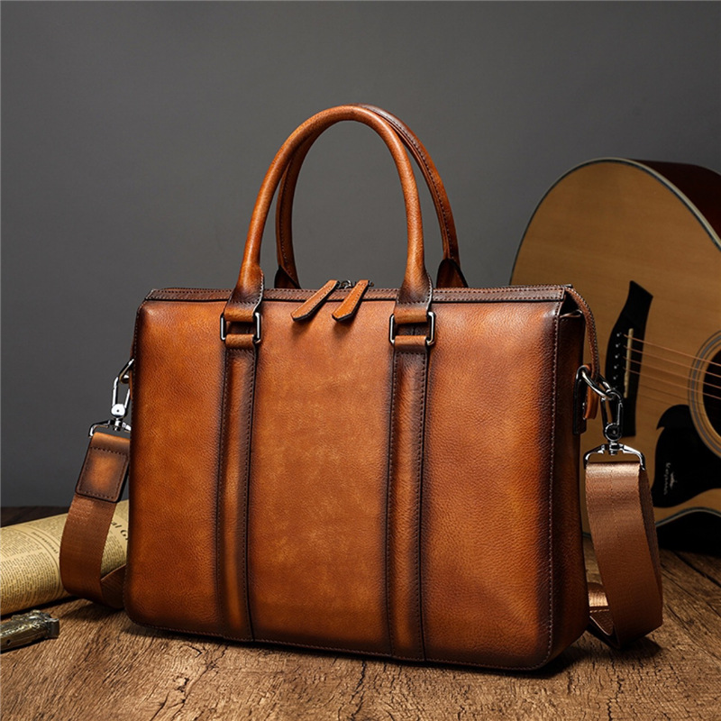 Leather Work Handbags - YETTIES ビジネス トップグレインレザー ブリーフケース | 14インチノートパソコン用クロスボディショルダーバッグ