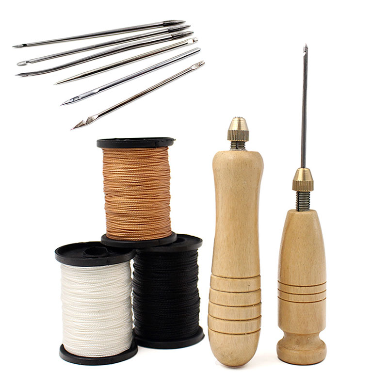 Leatherwork Awl - 1セットDIY革縫い針木製ハンドル付きセット革キャンバス地テント靴修理ツールナイロン糸革縫いキット