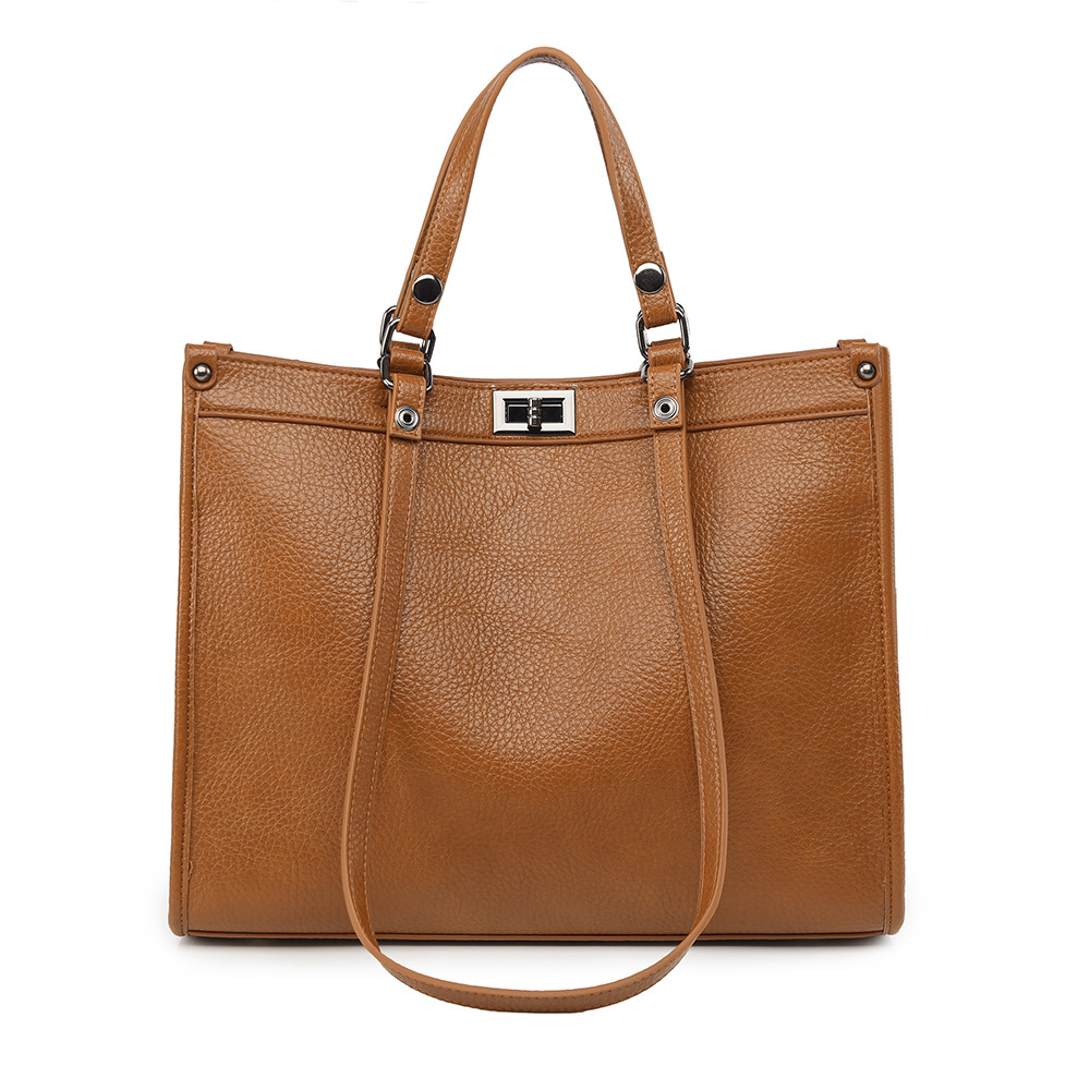 Leather Work Handbags - 女性用大容量トートバッグ PUレザー 回転ロック付きハンドバッグ レディース ヴィンテージ ショルダーバッグ