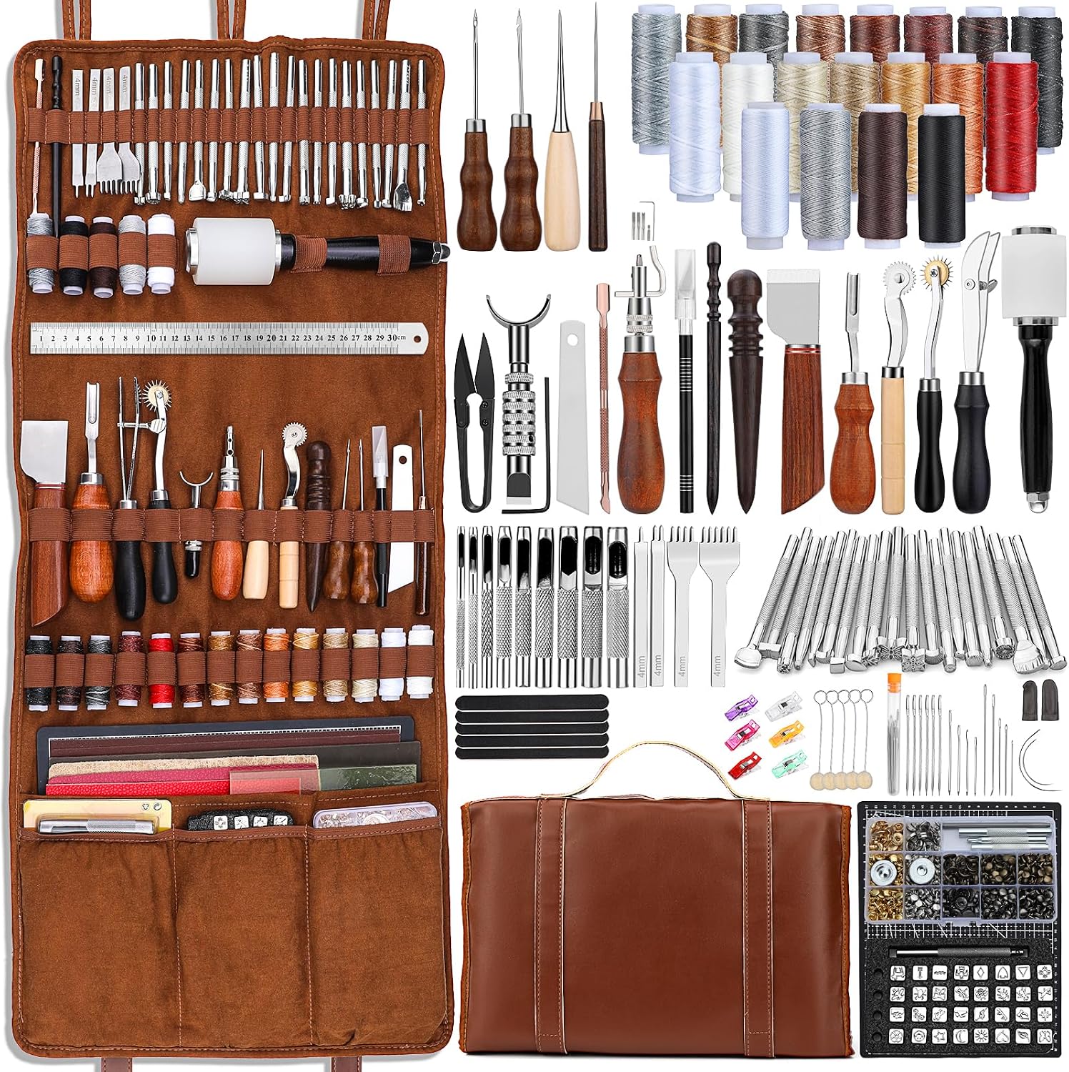 Leatherwork Kit - レザーツールキット レザークラフトツール レザーワーキングキット カスタムハンドバッグ用カッティングマット付き 彫刻・パンチング・縫製・スタンピング・サンディングツール 手芸作品用