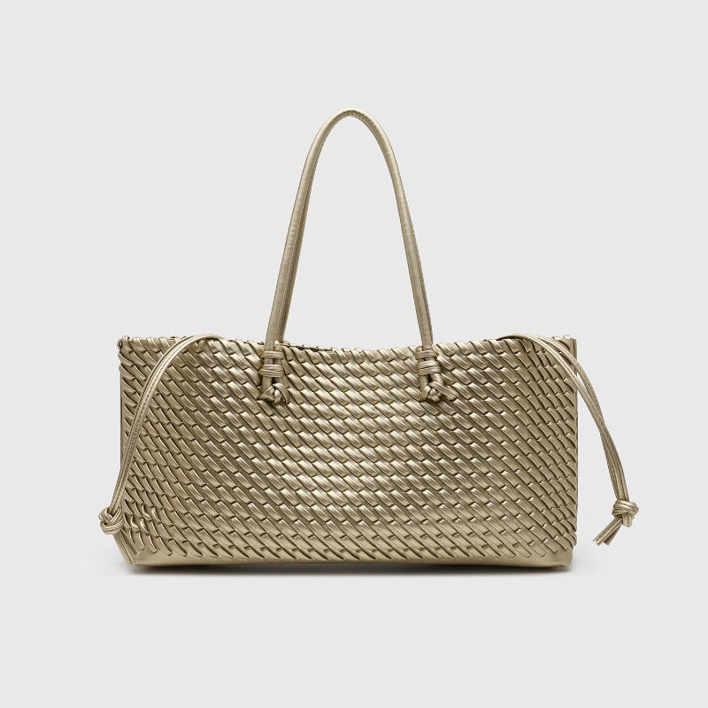 Leather Work Handbags - デザイナー高級PU織りトートバッグ、トップハンドル付き細長いショルダーバッグ、マグネット開閉ポケット付き横型ショッピングバッグ