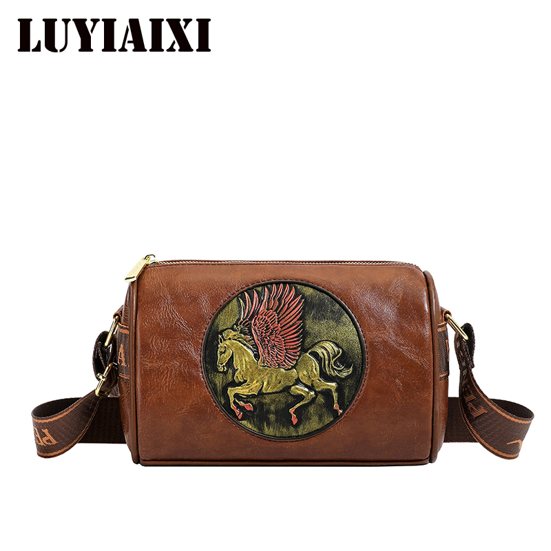 Leatherwork Flowers - レトロエンボスフラワーレザーショルダーバッグクラシックシリンダークロスボディバッグ女性のための日常使用パーティーワークギフト高級ハンドバッグ