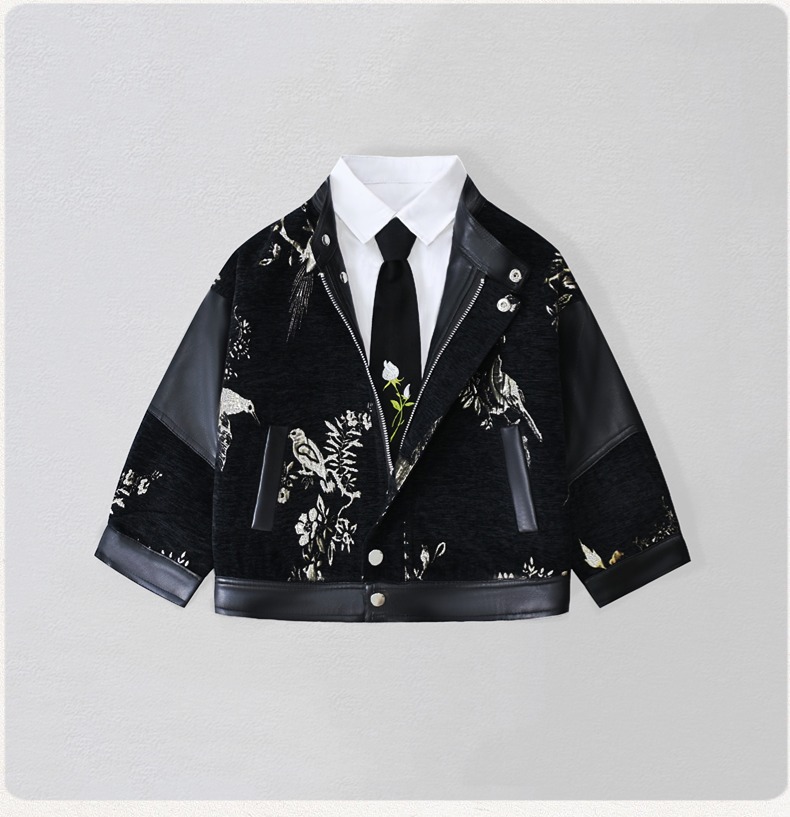 Leather Work Jacket - 紳士風キッズ刺繍入りバイク用PUレザージャケット 男の子用 防水防風コート キッズクリスマス 新年写真撮影用ウェア