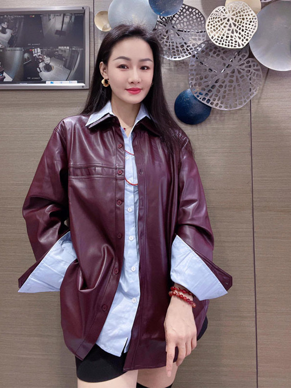 Leather Work Jacket - レディースグレープパープルPUレザージャケットコートブルーシャツツーピースセット春秋新作レトロ重ね着カジュアルファッション