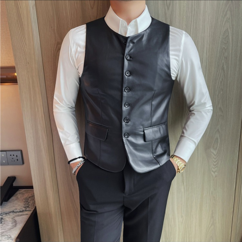 Leather Work Vest For Men - 2025年秋 メンズカジュアルレザーベスト スリムフィット 伸縮性 ノースリーブ ビジネス