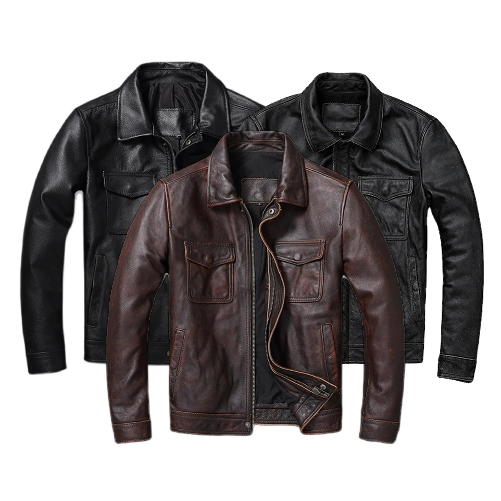 Leather Work Jacket - 男性用本革ジャケット,茶色と赤のビンテージスタイル,100% 牛革コート,天然皮革,秋の服