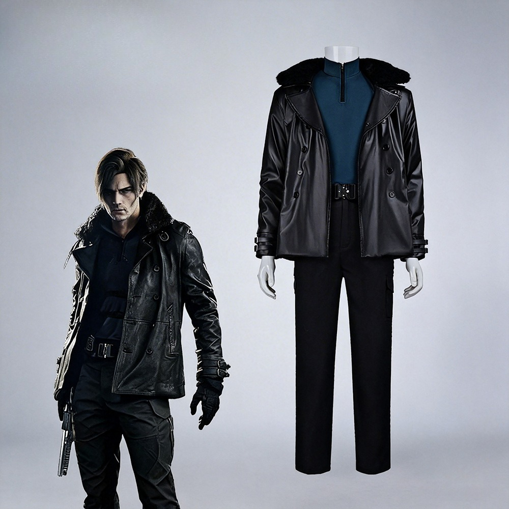 Leather Work Jacket - ゲームレオン・ケネディ Re9 イービルコスプレ衣装 レジデントマン PUレザーボンバージャケットパンツセット タクティカルコスプレ