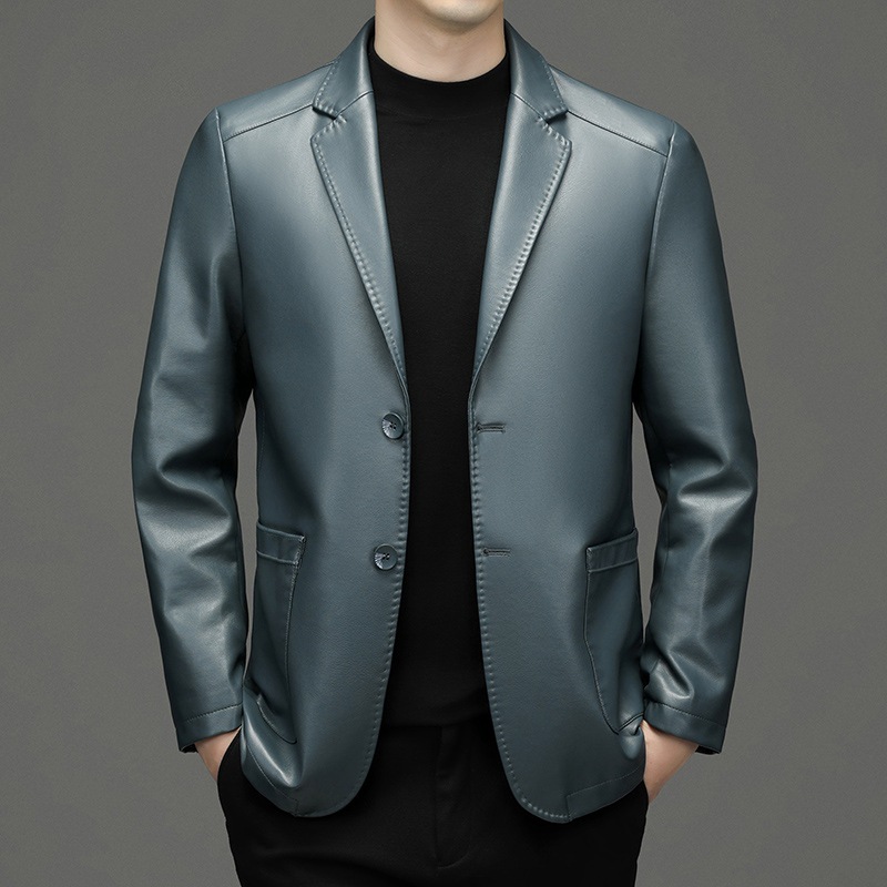 新しい男性本革ブレザージャケットスリムフィットスーツコート品 - Leather Work Jacket のレビューと価格