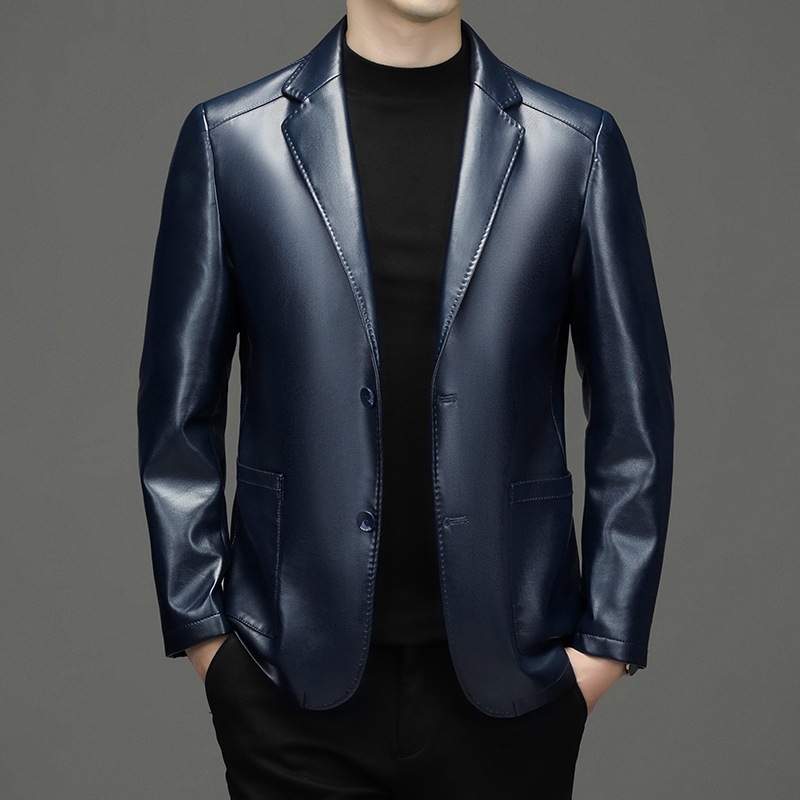 新しい男性本革ブレザージャケットスリムフィットスーツコート品 - Leather Work Jacket のレビューと価格