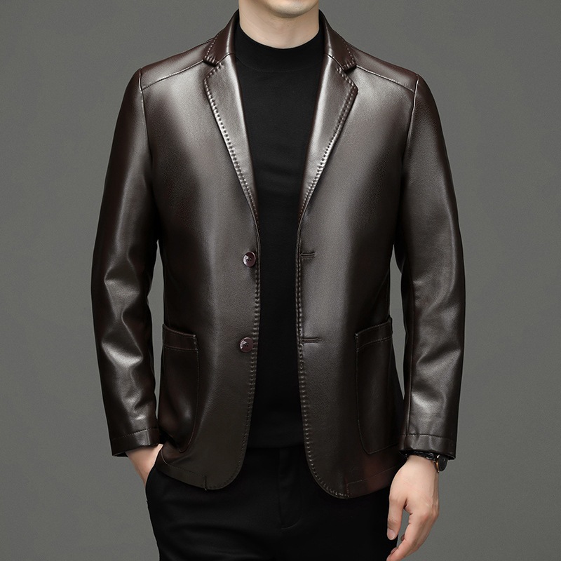 新しい男性本革ブレザージャケットスリムフィットスーツコート品 - Leather Work Jacket のレビューと価格