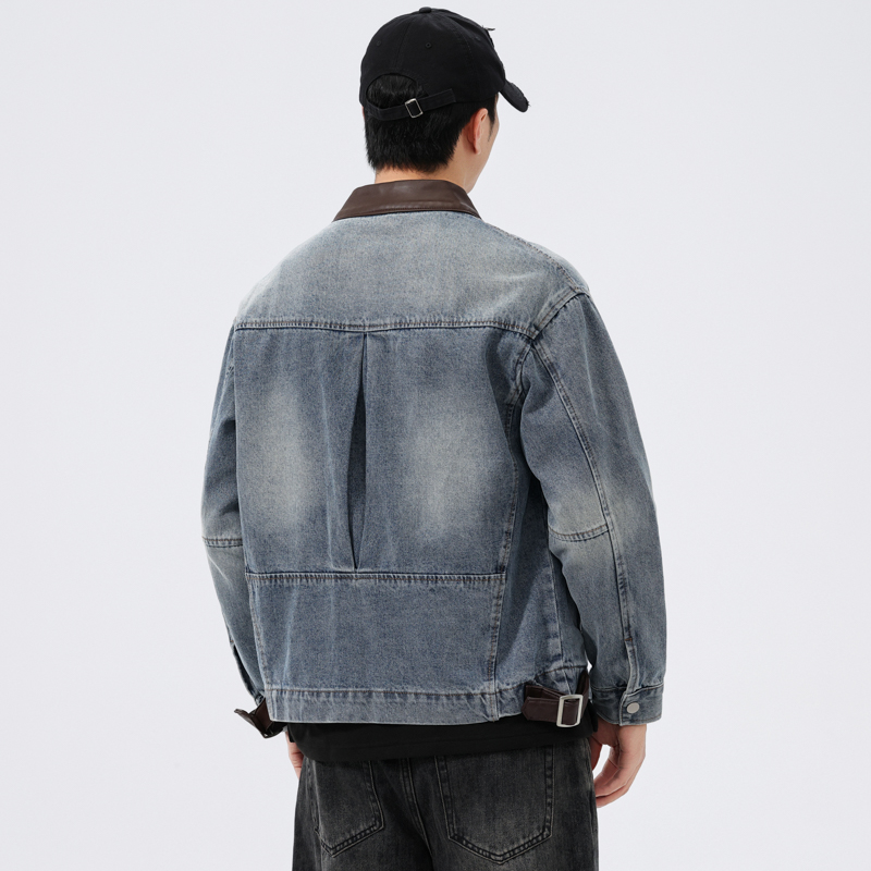 スタンドレザーカラーデニムジャケット男性ファッションヴィンテ - Leather Work Jacket のレビューと価格
