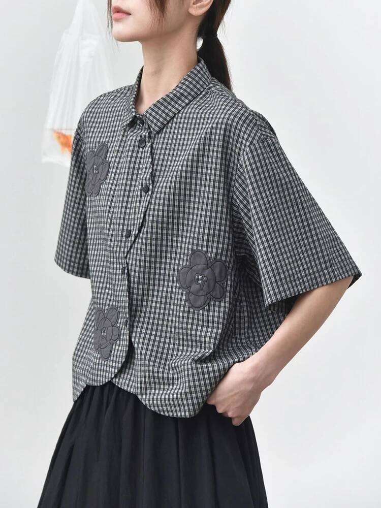 グリーンチェック柄女性フラワーパッチビッグサイズブラウス新し - Leatherwork Flowers のレビューと価格