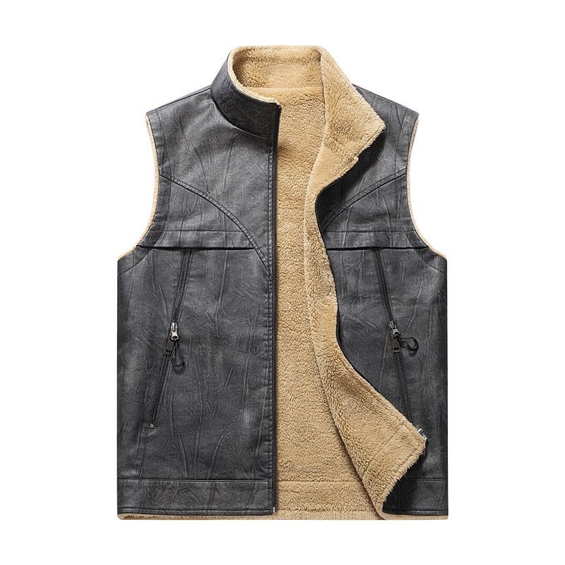 秋冬新作プラッシュPUレザーベストメンズアウトドアスポーツウ - Leather Work Vest For Men のレビューと価格
