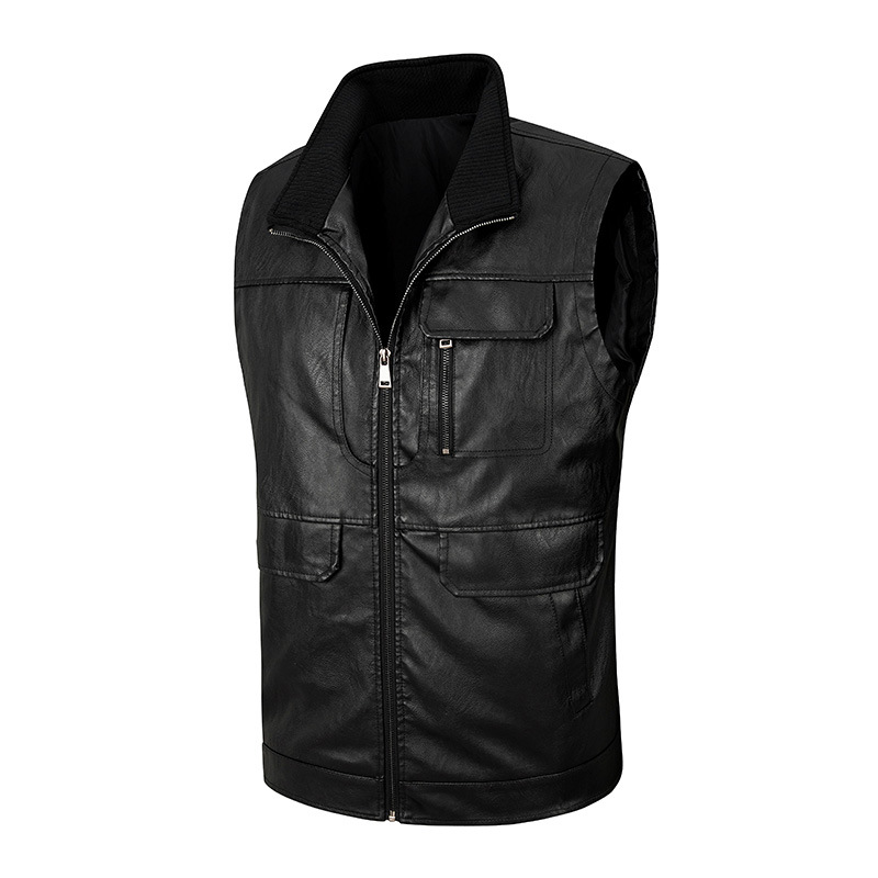 メンズレザーベスト、薄手スタンドカラーベスト、メンズアウトド - Leather Work Vest For Men のレビューと価格