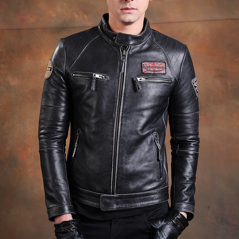 男性用本革バイカージャケット,スリムなビンテージコート,10 - Leather Work Jacket のレビューと価格