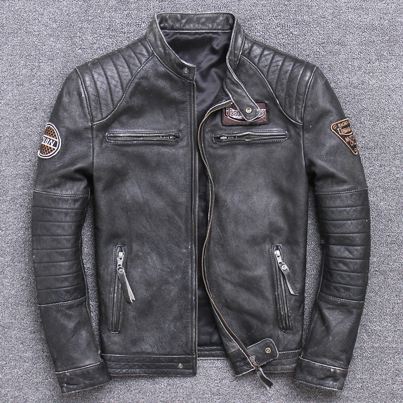 男性用本革バイカージャケット,スリムなビンテージコート,10 - Leather Work Jacket のレビューと価格