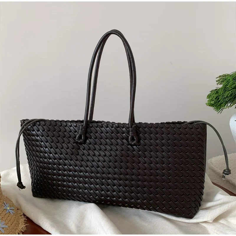 デザイナー高級PU織りトートバッグ、トップハンドル付き細長い - Leather Work Handbags のレビューと価格