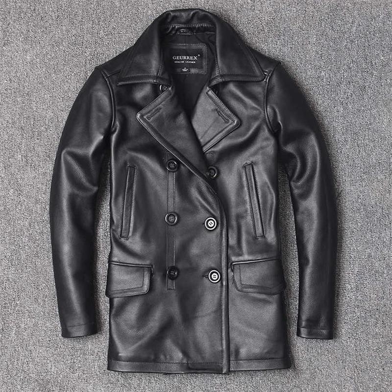 メンズ本革スリムフィットジャケット,ミドル丈ラペルウインドブ - Leather Work Jacket のレビューと価格