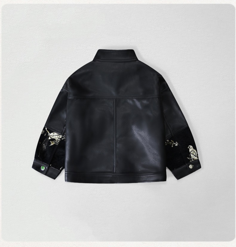紳士風キッズ刺繍入りバイク用PUレザージャケット 男の子用  - Leather Work Jacket のレビューと価格