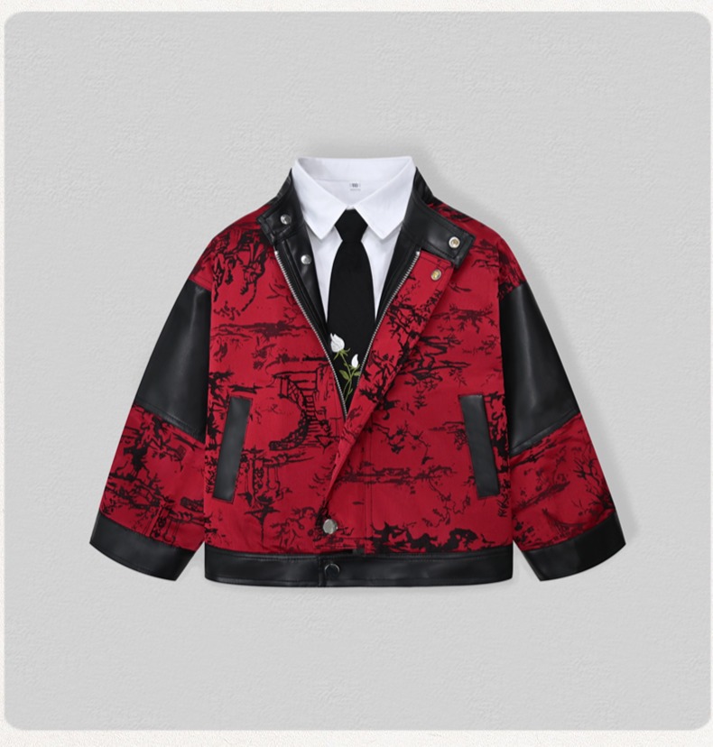 紳士風キッズ刺繍入りバイク用PUレザージャケット 男の子用  - Leather Work Jacket のレビューと価格