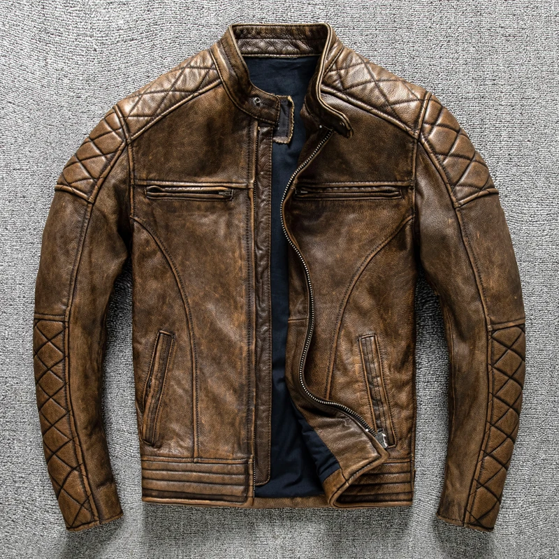 ヴィンテージメンズレザージャケットイエローブラウン厚い 10 - Leather Work Jacket のレビューと価格