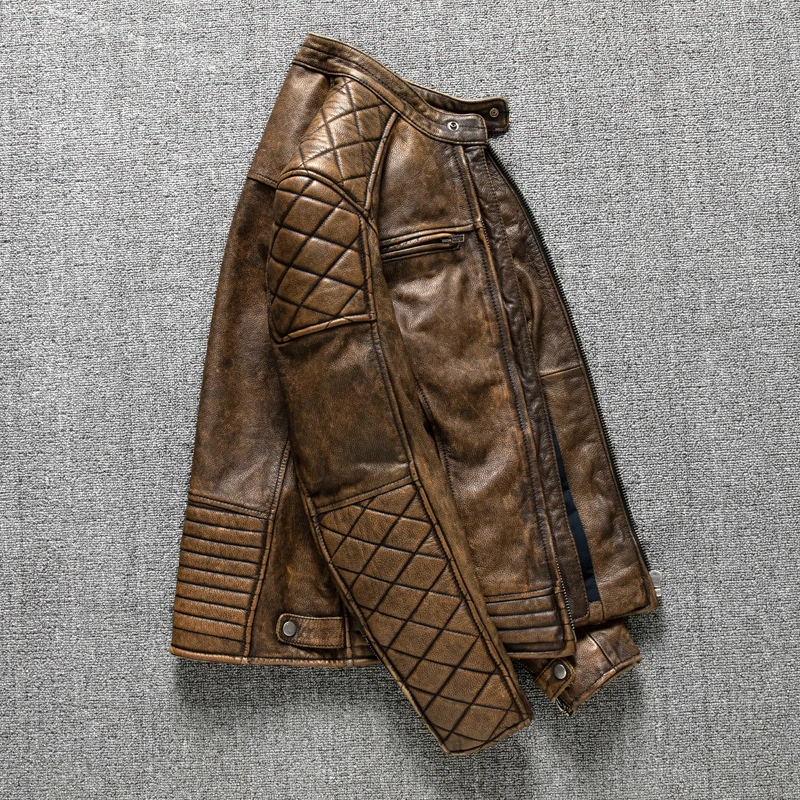 ヴィンテージメンズレザージャケットイエローブラウン厚い 10 - Leather Work Jacket のレビューと価格