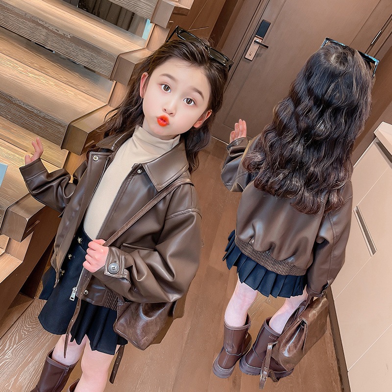 1-14 歳の女の子ラペルショート PU レザーコート春秋オ - Leather Work Jacket のレビューと価格