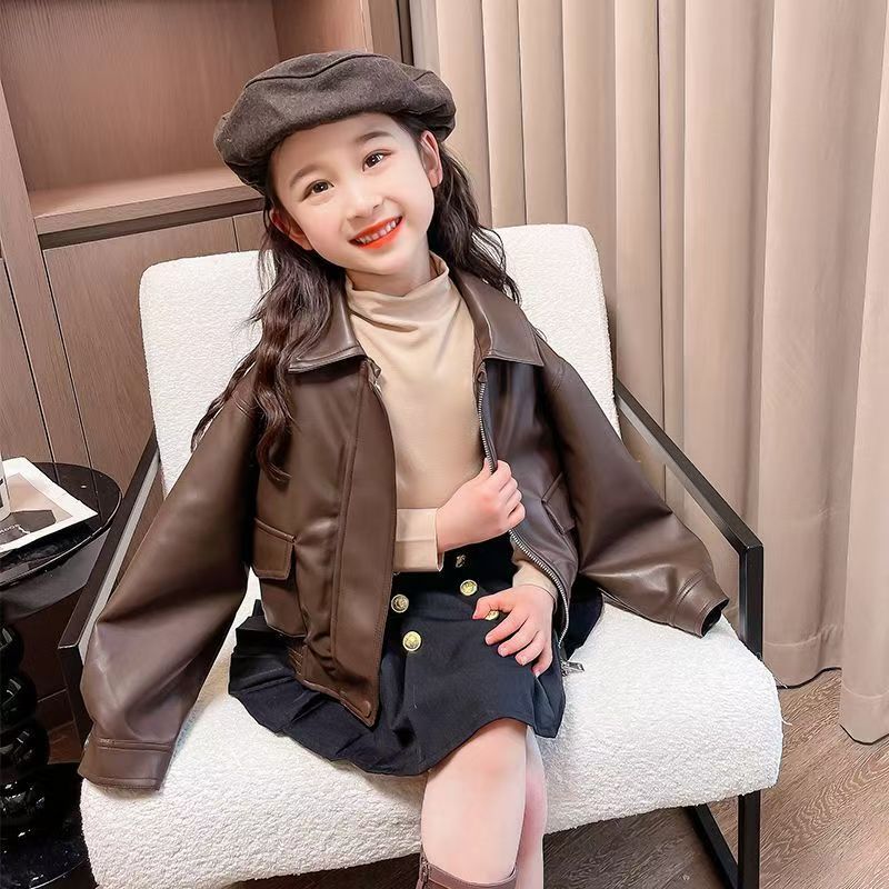1-14 歳の女の子ラペルショート PU レザーコート春秋オ - Leather Work Jacket のレビューと価格