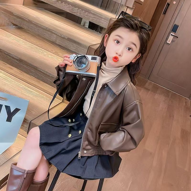 1-14 歳の女の子ラペルショート PU レザーコート春秋オ - Leather Work Jacket のレビューと価格