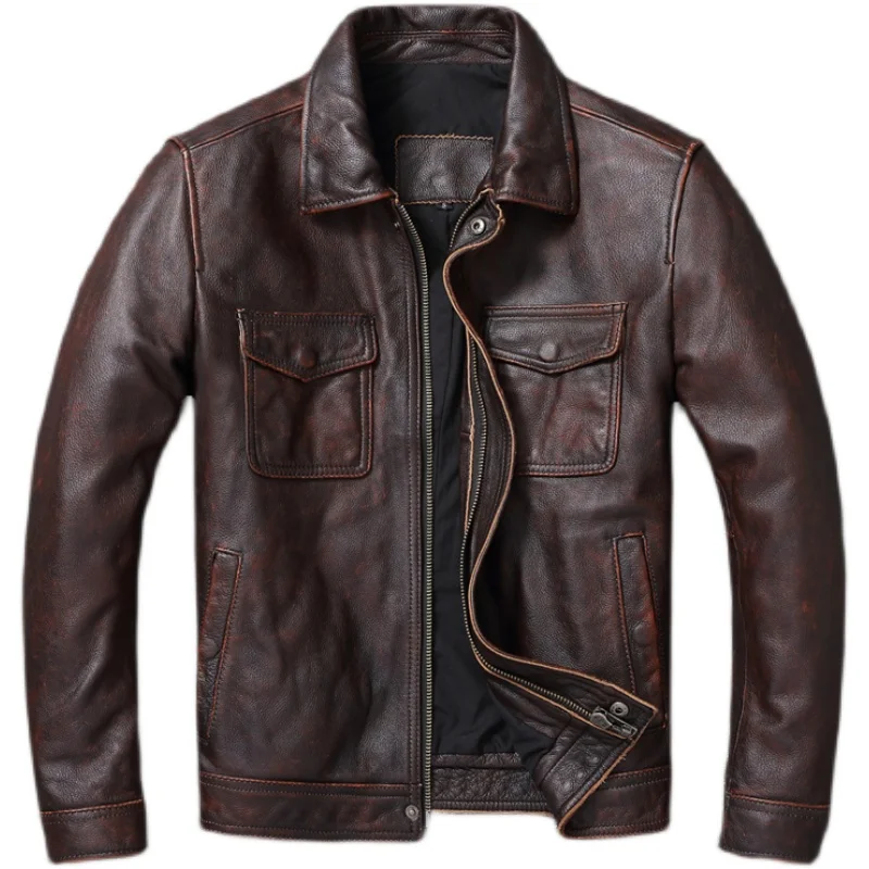 男性用本革ジャケット,茶色と赤のビンテージスタイル,100% - Leather Work Jacket のレビューと価格