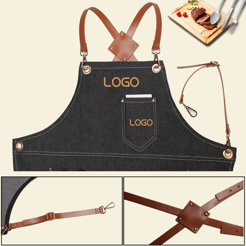 花柄PUレザーストラップ付きデニムワークエプロン、バリスタ、 - Leatherwork Logo のレビューと価格
