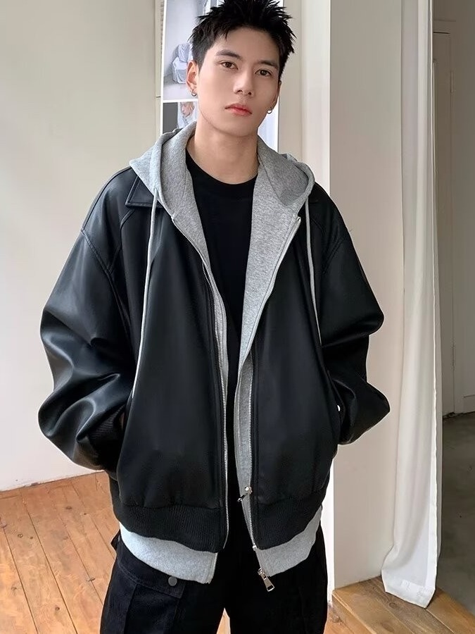 メンズフード付きPUレザージャケット フェイクツーピーススタ - Leather Work Jacket のレビューと価格