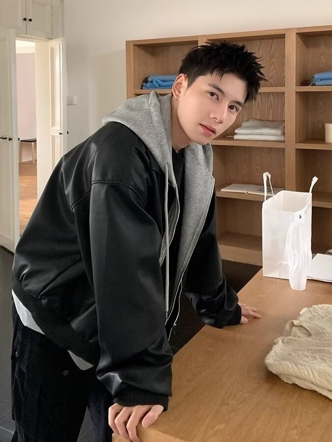 メンズフード付きPUレザージャケット フェイクツーピーススタ - Leather Work Jacket のレビューと価格